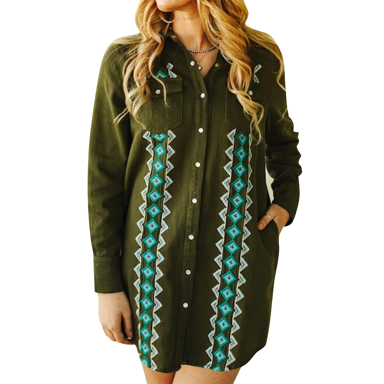 Olive Stretch Denim Embroidered Long Sleeve Shirt Dress