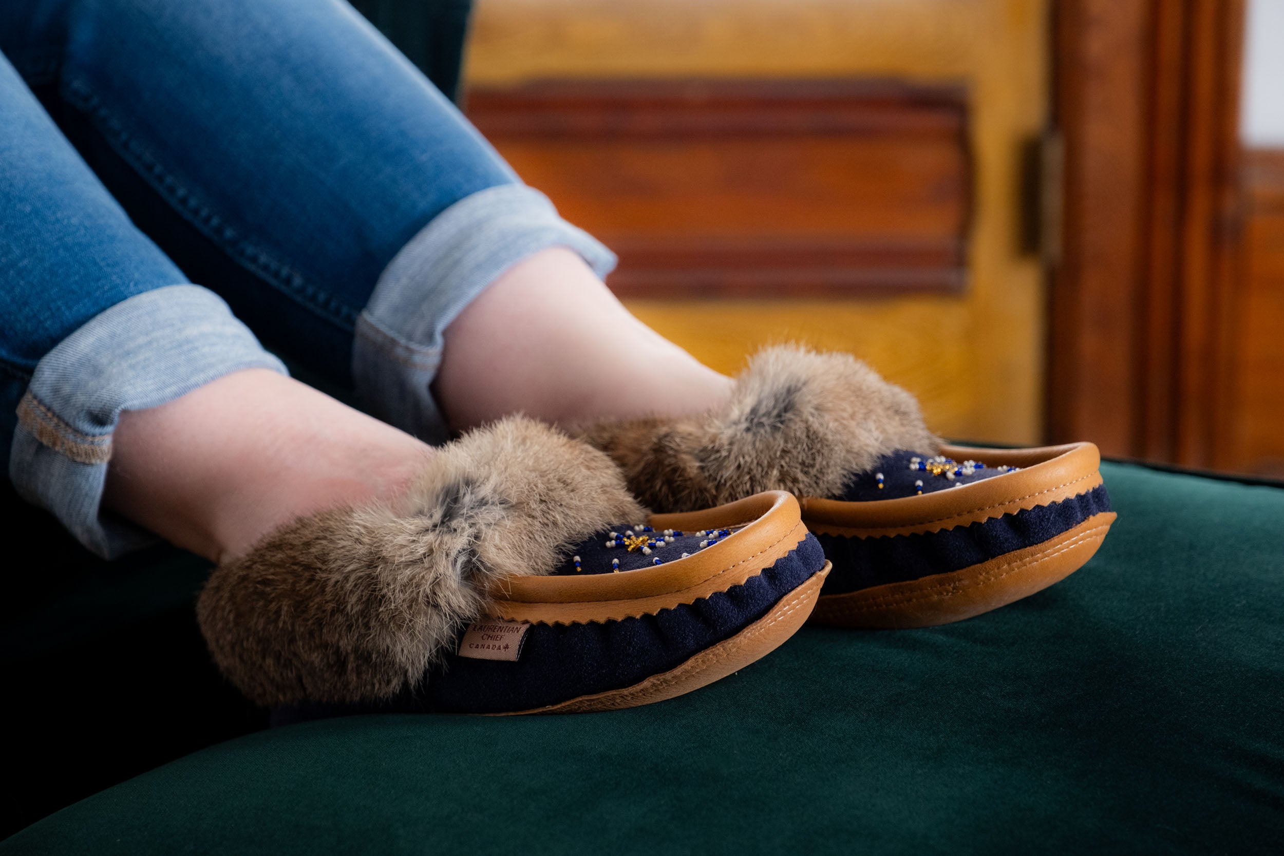 Women's Rabbit Fur Beaded Moccasins