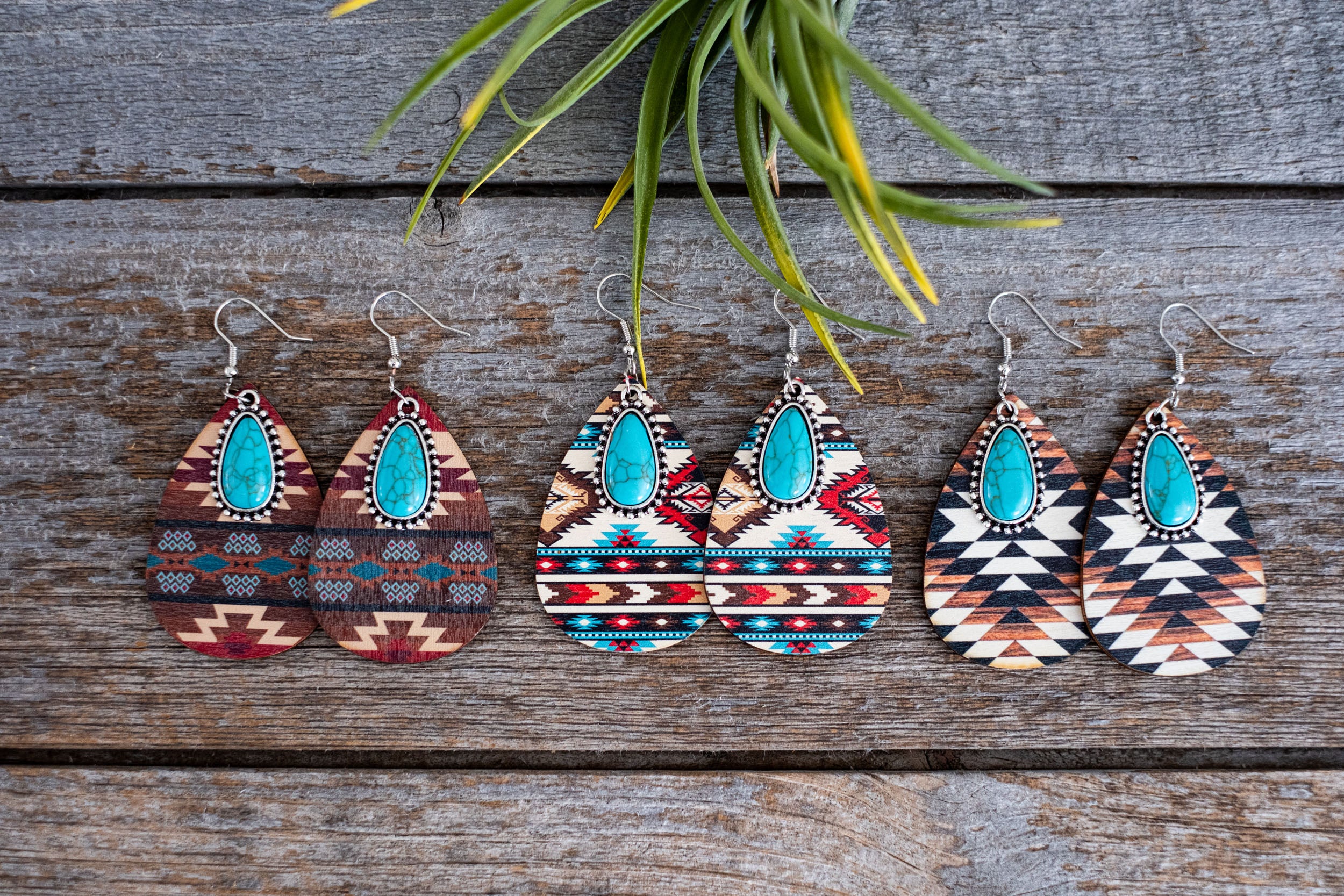 Aztec Wood Turquoise Teardrop Earrings