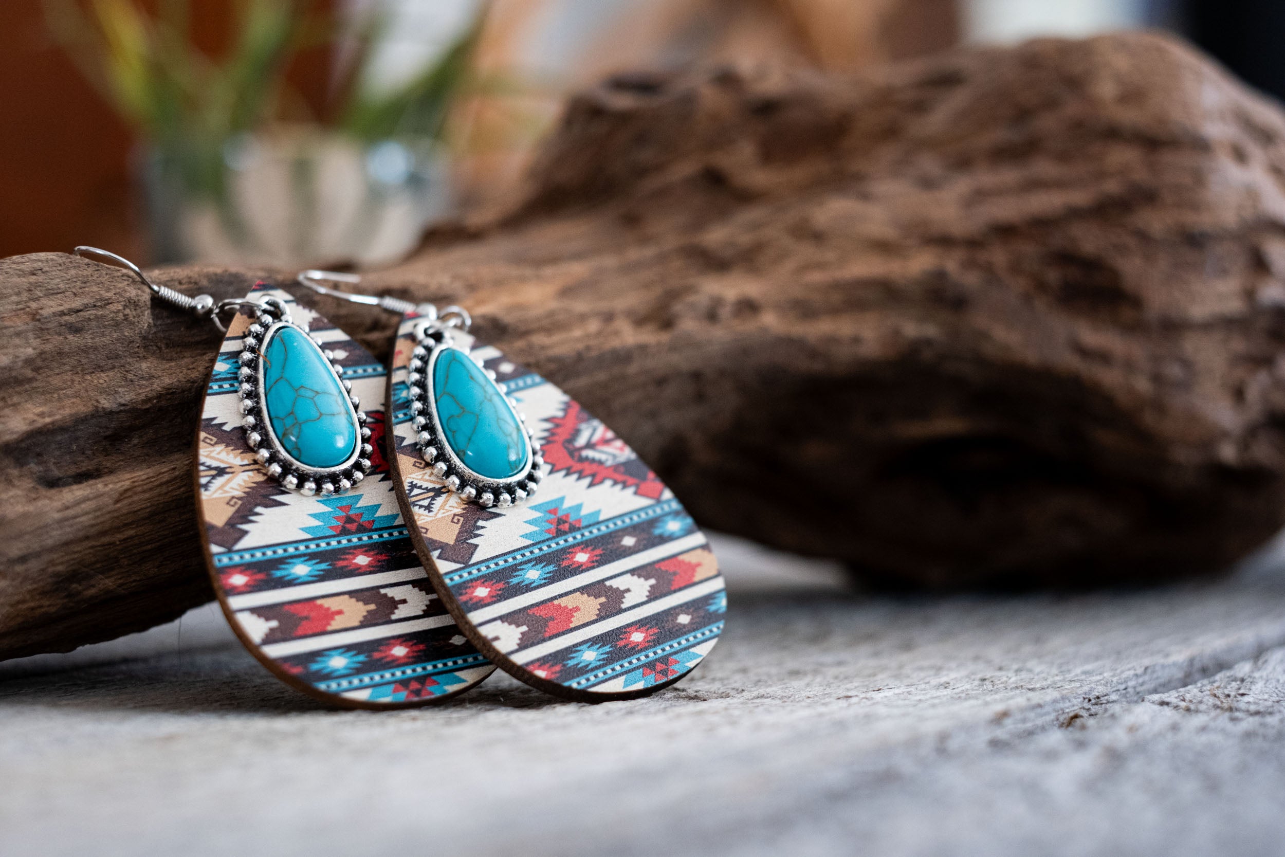 Aztec Wood Turquoise Teardrop Earrings