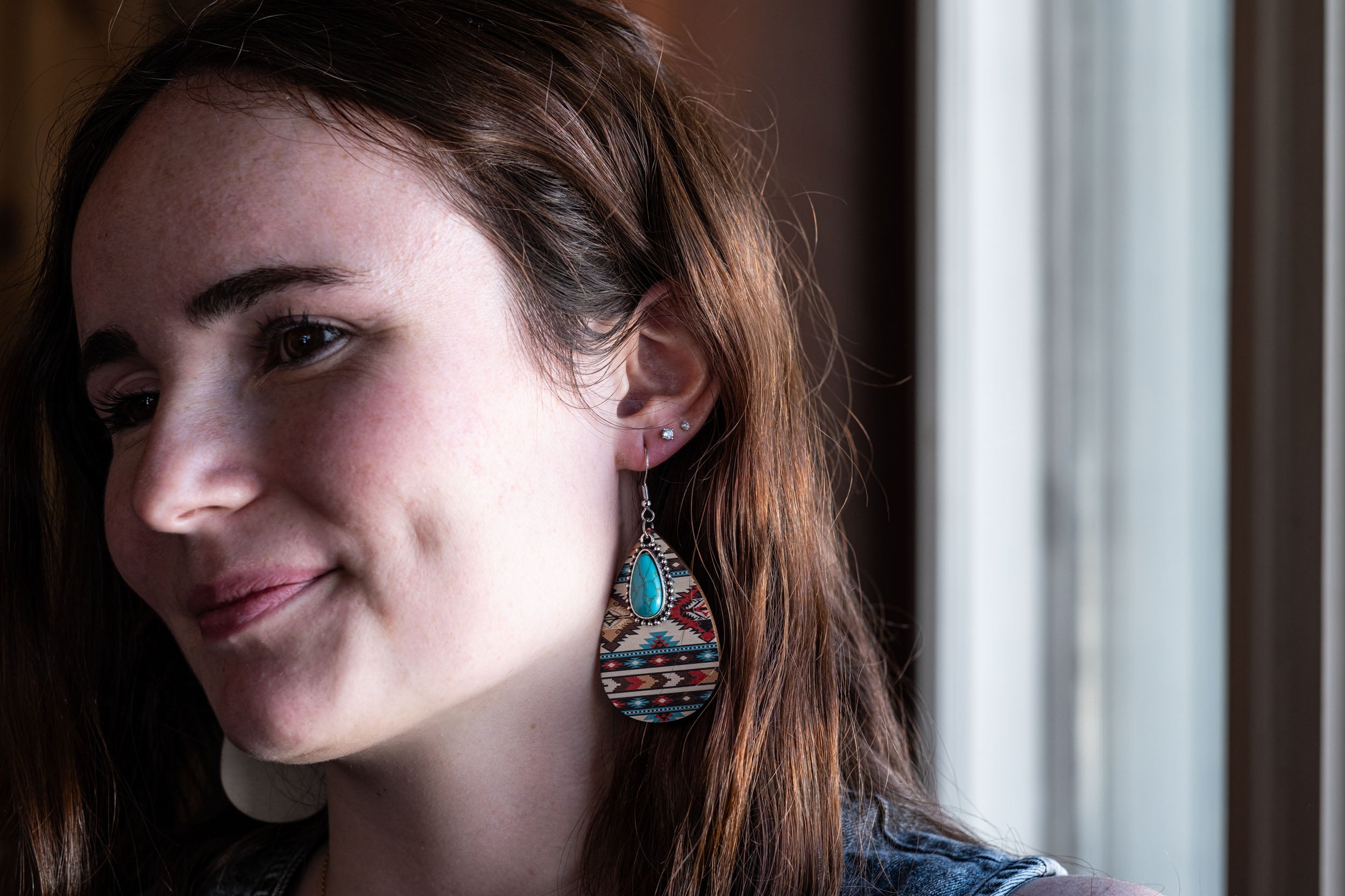 Aztec Wood Turquoise Teardrop Earrings