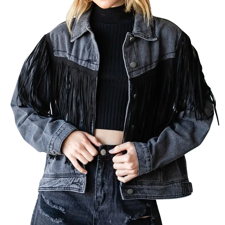 Women's Faux Leather Fringe Moto Denim Jacket