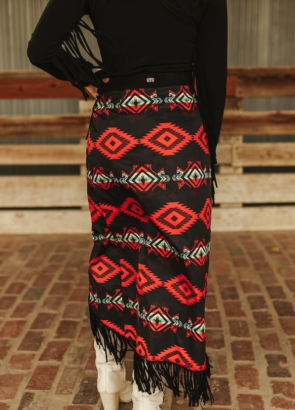 Aztec Asymmetrical Concho Button Wrap Fringe Skirt