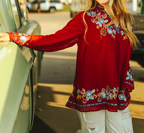 Floral Embroidered V-Neck Top