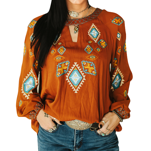 Women's Mocha Aztec Embroidered Chiffon Keyhole Top