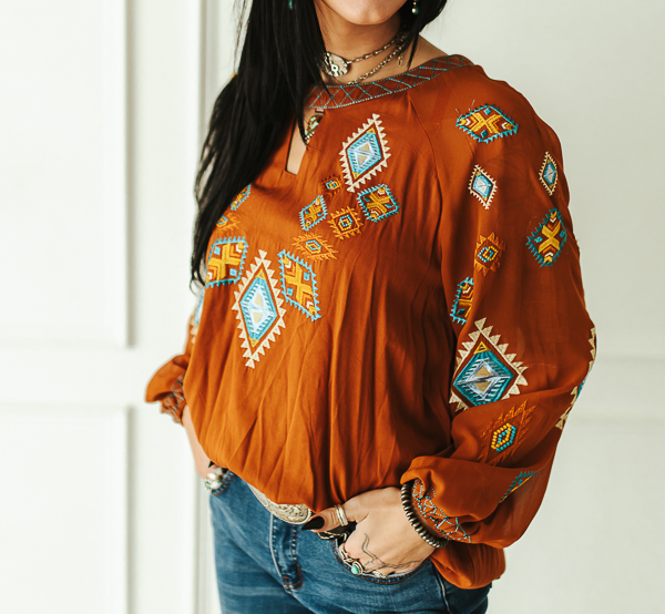 Women's Mocha Aztec Embroidered Chiffon Keyhole Top