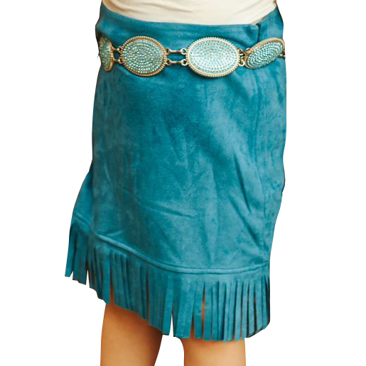 Girls Blue Suede Skirt with Fringe Hem