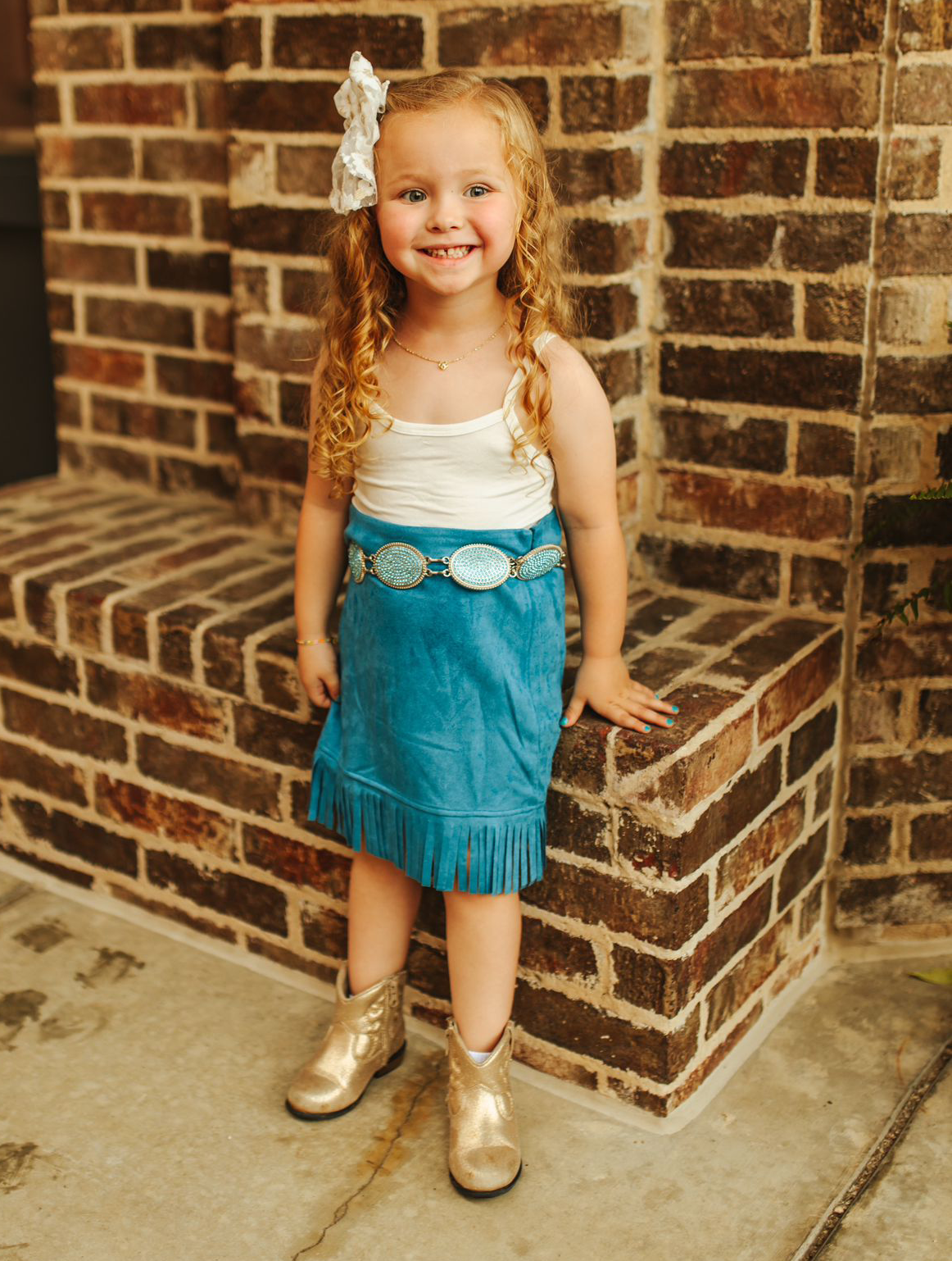 Girls Blue Suede Skirt with Fringe Hem