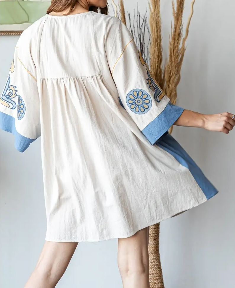 Vintage Blue Embroidery Patch Dress