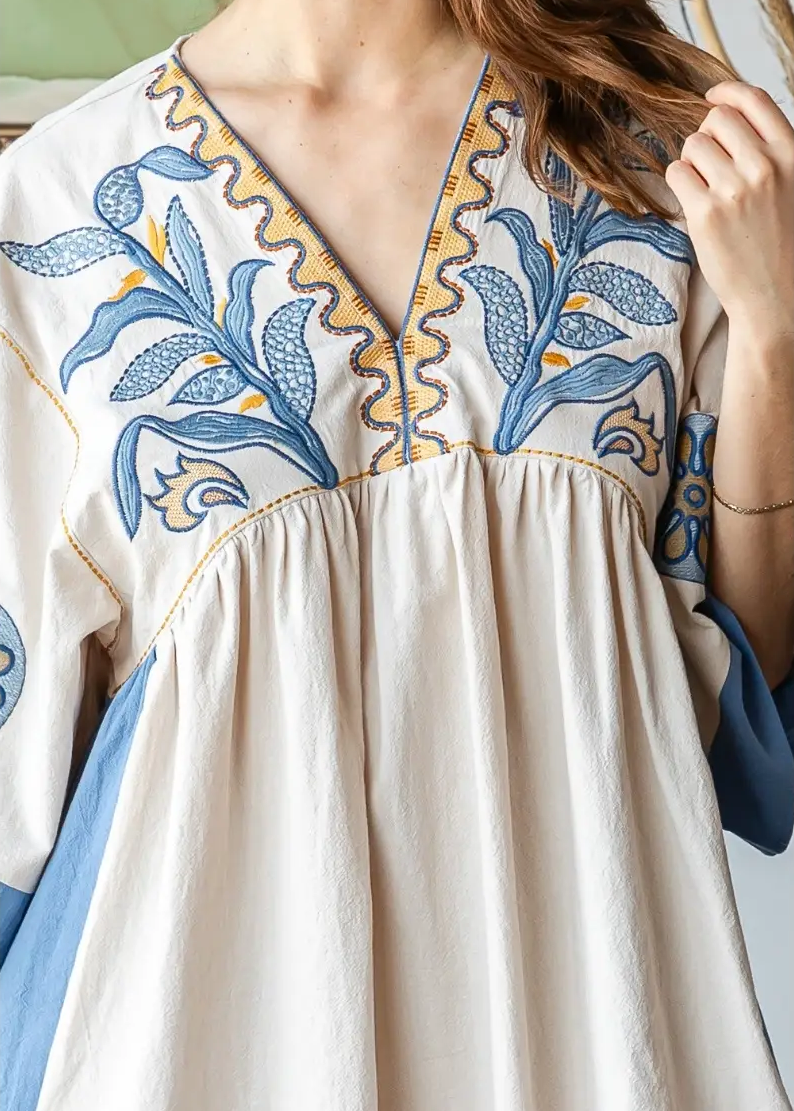 Vintage Blue Embroidery Patch Dress