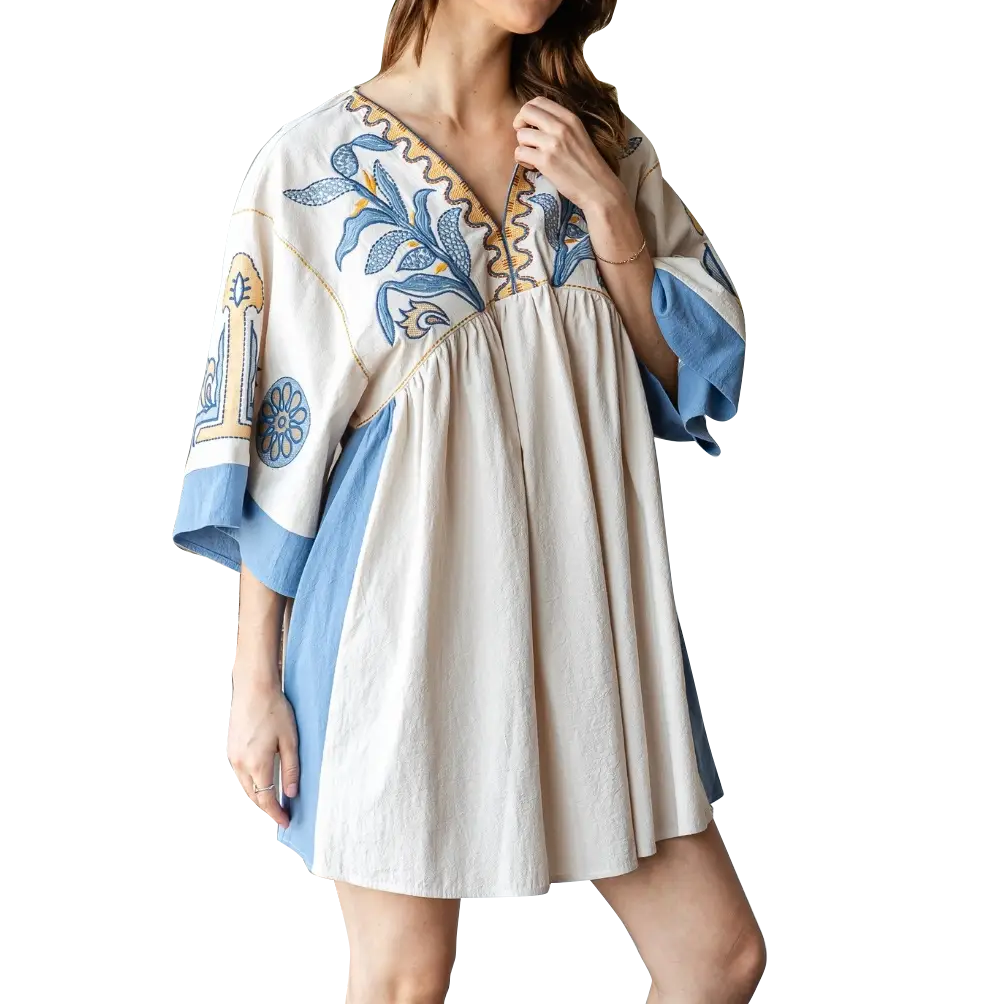 Vintage Blue Embroidery Patch Dress