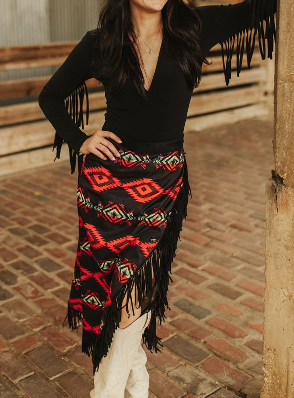 Aztec Asymmetrical Concho Button Wrap Fringe Skirt