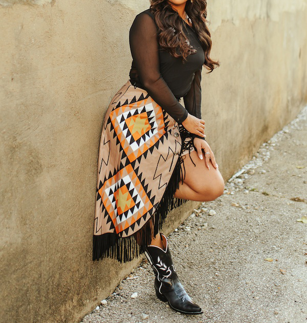 Aztec Asymmetrical Concho Button Wrap Fringe Skirt