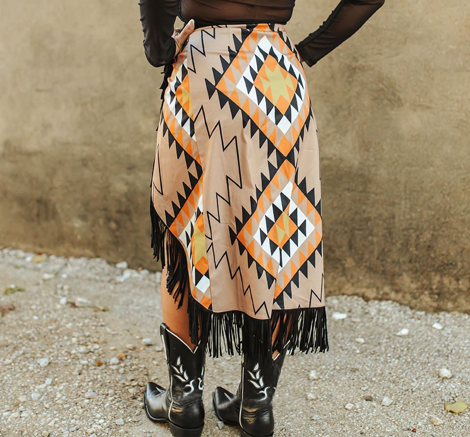 Aztec Asymmetrical Concho Button Wrap Fringe Skirt