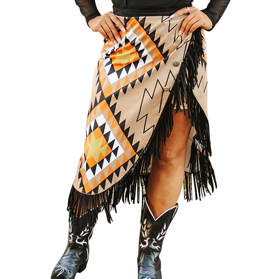 Aztec Asymmetrical Concho Button Wrap Fringe Skirt