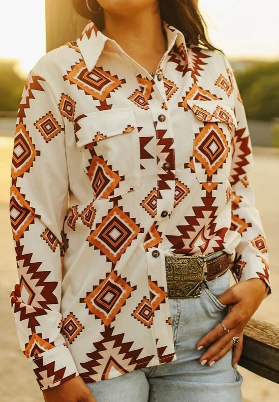 Women's Cream Aztec Button Down Long Sleeve Top