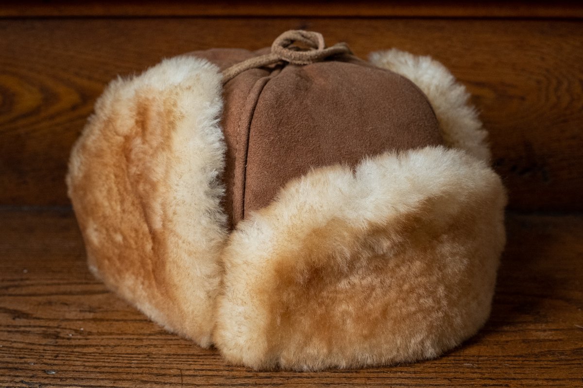 Men s or Women s Real Sheepskin Lined Trapper Style Hat with Ear Flaps Brown Small