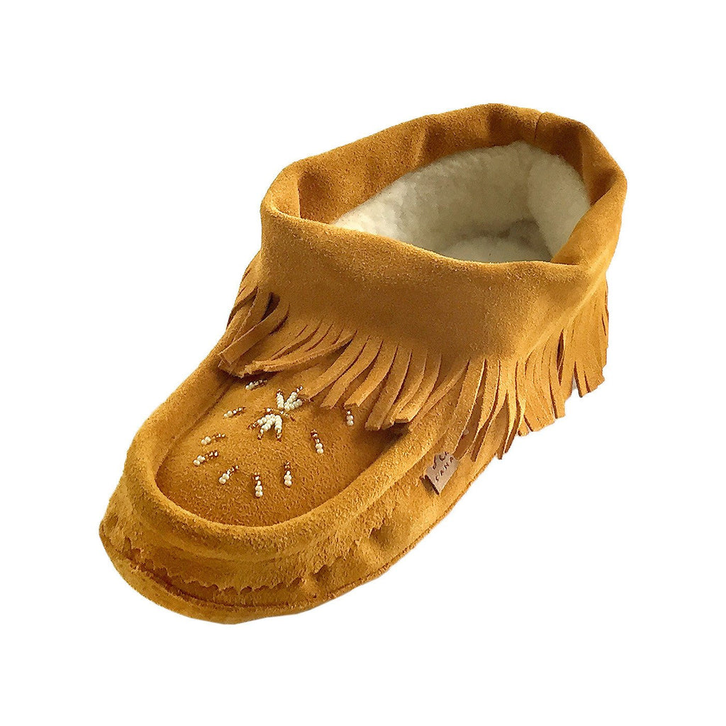 Women's Fleece Lined & Beaded Moccasin Slippers with Stylish Fringe – The  Brown Bear Distributions Inc.